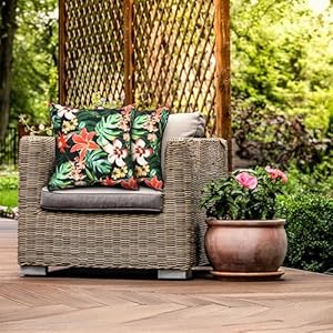 Pack of 2 Waterproof Outdoor Colorful Flowers with Tropical Plants Throw Pillow Covers 18 x 18 Inch Decorative Print Pillow Cases for Sofa Couch Square Garden Patio Funiture Bench Black