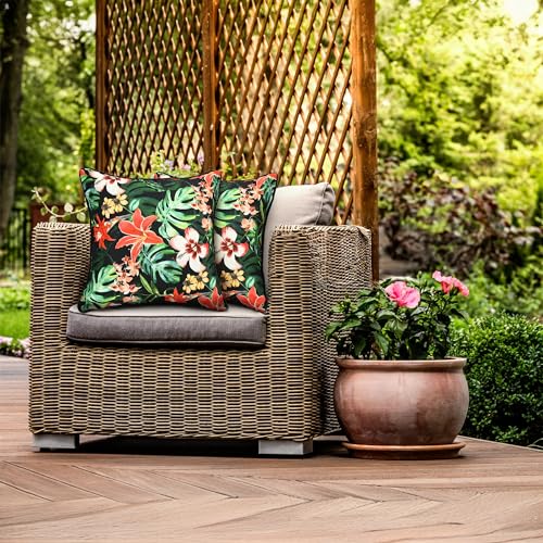 Pack-of-2-Waterproof-Outdoor-Colorful-Flowers-with-Tropical-Plants-Throw-Pillow-Covers-18-x-18-Inch-Decorative-Print-Pillow-Cases-for-Sofa-Couch-Square-Garden-Patio-Funiture-Bench-Black Pack of 2 Waterproof Outdoor Colorful Flowers with Tropical Plants Throw Pillow Covers 18 x 18 Inch Decorative Print Pillow Cases for Sofa Couch Square Garden Patio Funiture Bench Black