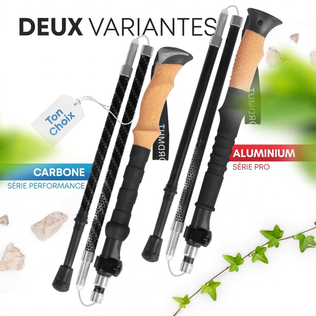 NORDMUT® Bâtons de Randonnée Pliables en Aluminium ou Carbone Ultra-léger – à partir de 1,50 m ou 1,65 m – Bâtons de Trekking Stables avec Poignées Ergonomiques –