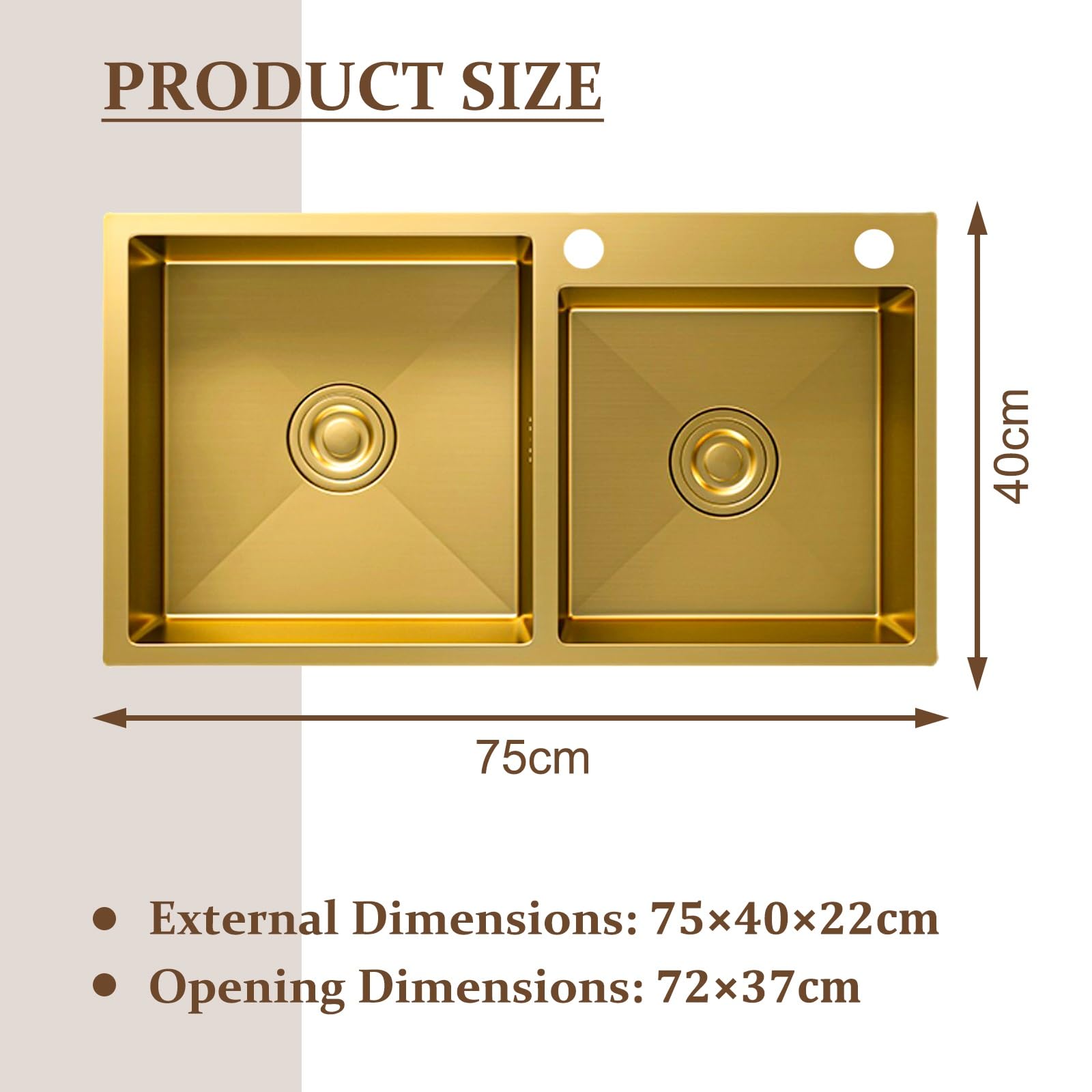 Fregadero de cocina de acero inoxidable cepillado dorado con doble tazón, moderno lavabo de gran capacidad con cesta de drenaje y sistema de drenaje, instalación superior/empotrado/bajo montaje