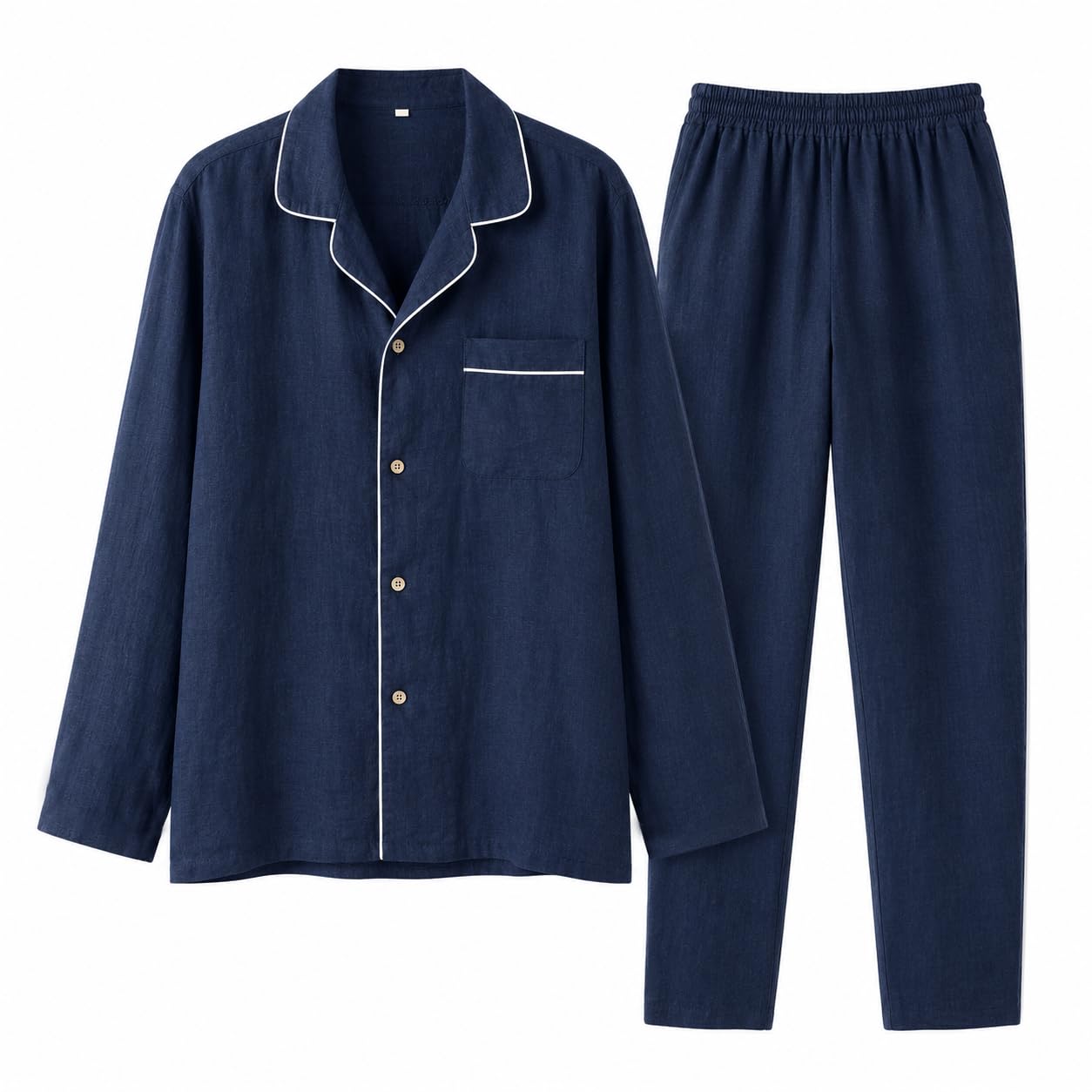 RAKUYUME Herren Schlafanzug Set aus Reinem Leinen, Langarm Pyjama mit Knopfleiste und Reverskragen, Grau, Atmungsaktiv, Elastischer Bund, Frühling Herbst (DE/NL/SE/PL, Alphanumerisch, M, Dunkelblau)