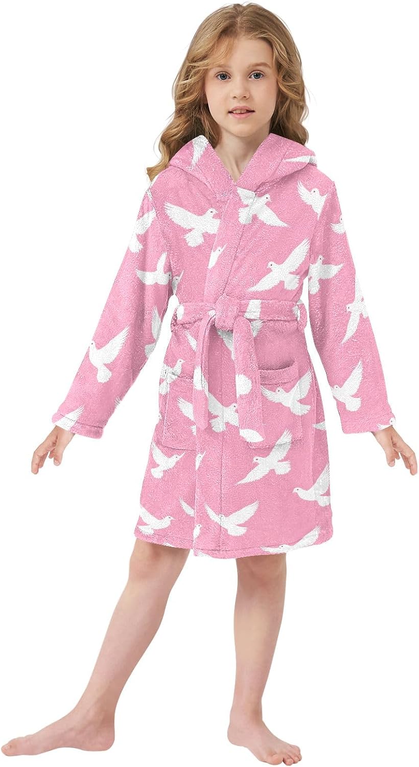White Dove Pattern Toddler Hooded Bathrobe for Boys Girls Soft Plush Bath Towel Robe 2-12 Years