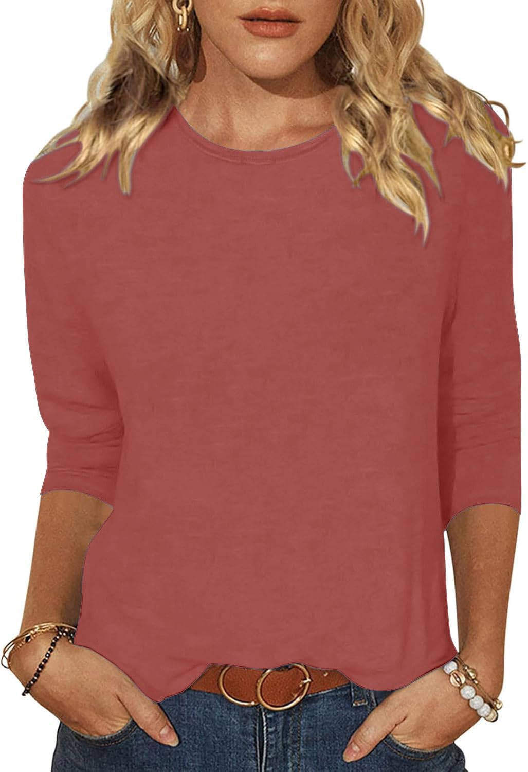 YUTILA Damen T-Shirt 3/4 Ärmel Rundhals Baumwolle Basic Casual Frühling Sommer Oberteile Einfarbig Leichte Weich Atmungsaktiv Bequem Shirt