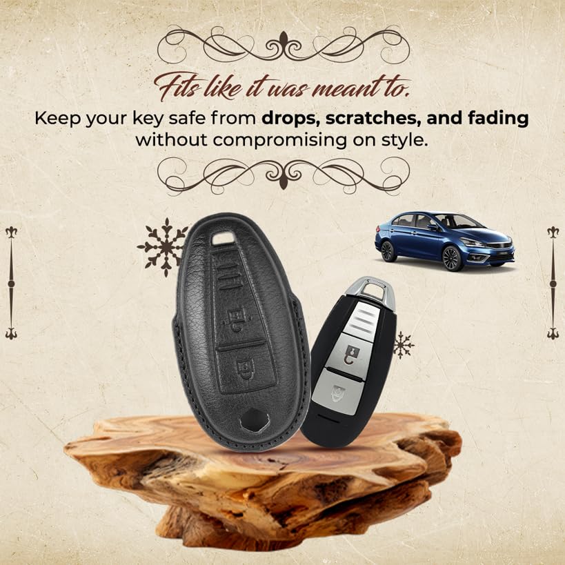 Image of Keyzone Vintage Leather Key Cover for Baleno, Ciaz, Ignis, SCross, Vitara Brezza, Urban Cruiser 3 Button smart Key (VL Leather - Black)