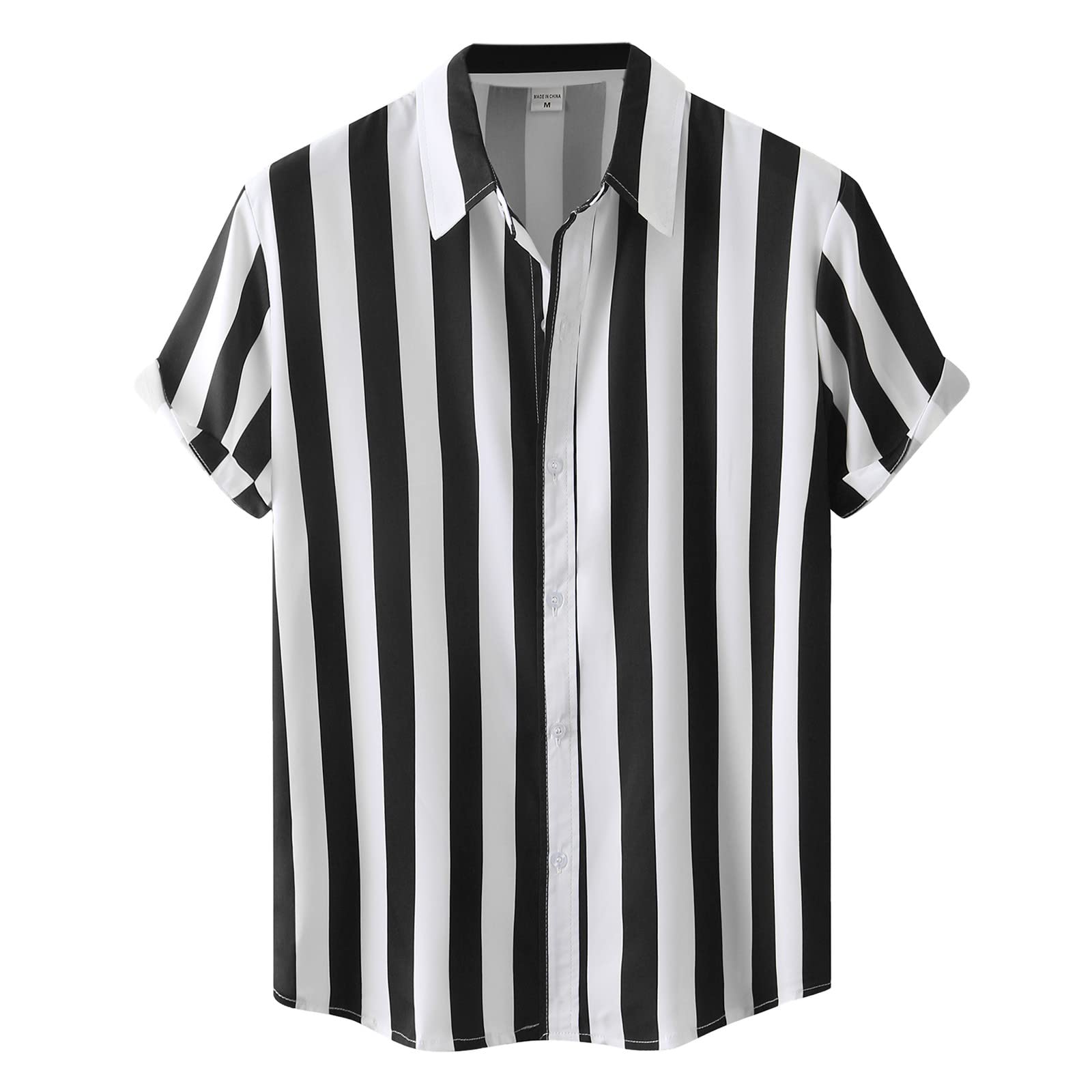 Generisch Camisa negra de manga larga para hombre, de verano, con estampado a rayas, manga corta, cuello vuelto, camisa con botones, camisa para hombre, corte moderno, manga larga
