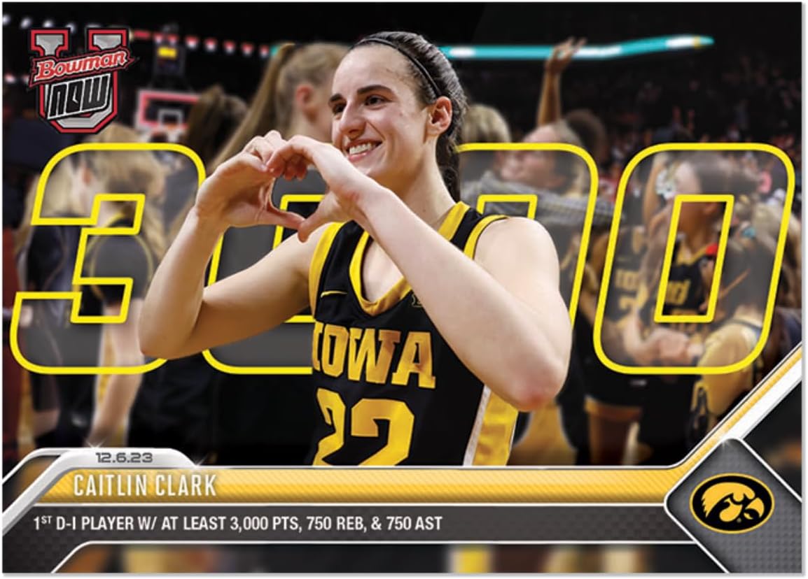 2023 Bowman U Now Caitlin Clark #15 -1st D-1 Player with at Least 3000 Points, 750 Rebounds and 750 Assists - 12/26/23 - NCAA Women’s Basketball Trading Card- University of Iowa Lady Hawkeyes. Stated Print Run of Only 6338 Made! Card Shipped in Protective Screwdown Holder.