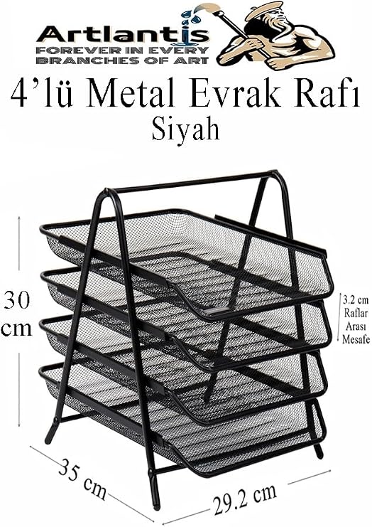 4 lü Metal Evrak Rafı Siyah 1 Paket Masaüstü A4 Dosya Düzenleyici Kağıt Tepsisi Metal Çelik Fileli Dört Katlı Hareketli