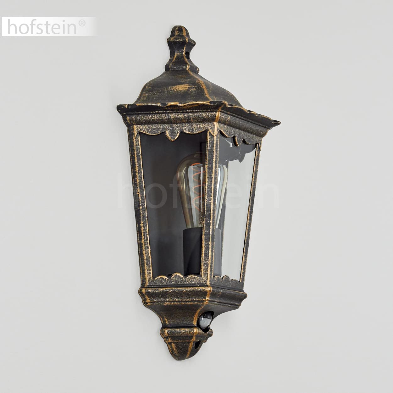 HOFSTEIN Außenwandleuchte Hongkong, Außenwandlampe mit Bewegungsmelder aus Metall/Glas in Braun-Gold/Klar, Wandleuchte Up im Retro/Vintage-Design, E27, IP44, Eingangsbereich, Terrasse, Haustür, Hof