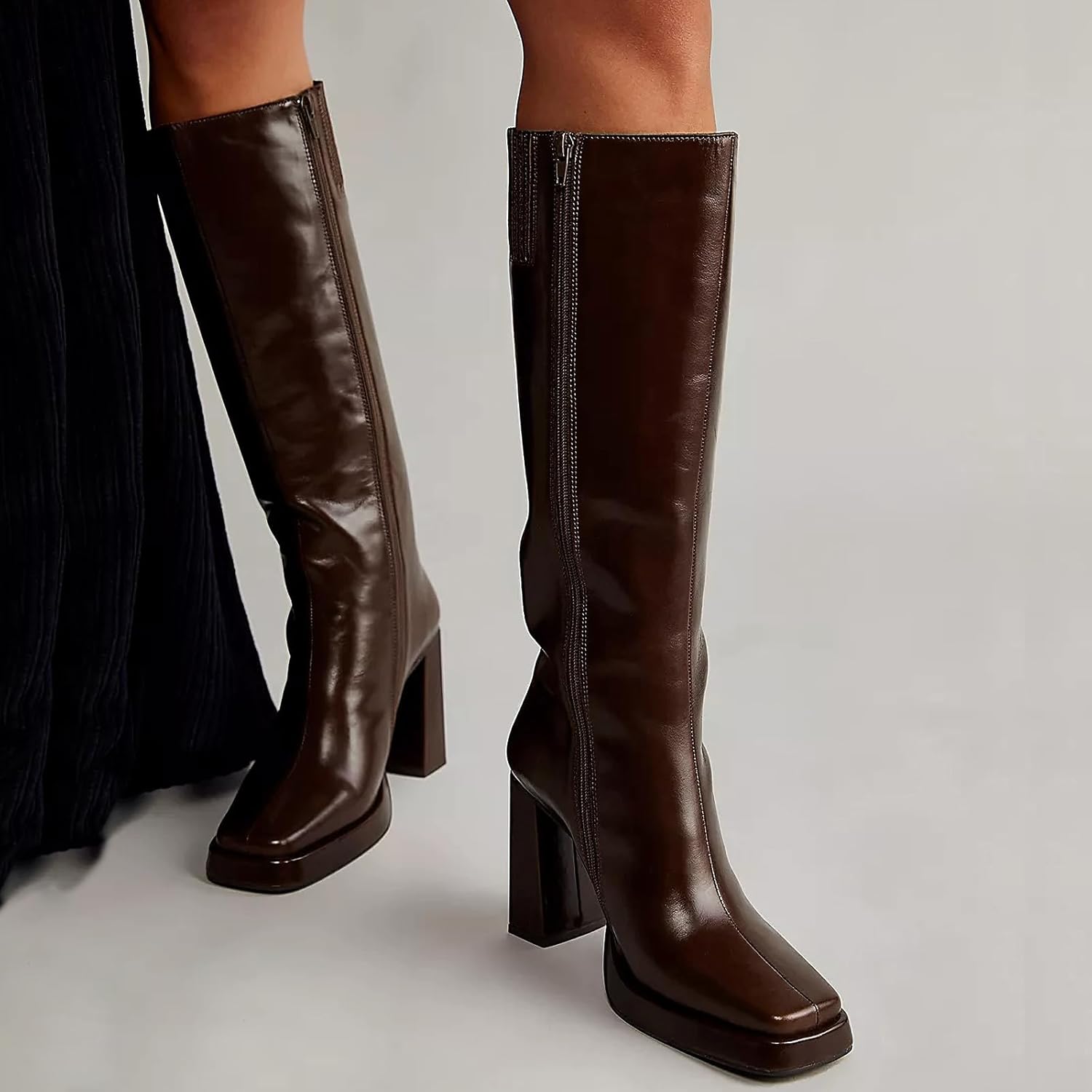 Dsevht Black Leather Knee High Boots for Women Platform Chunky Block Heeled Tall Long Boots Square Toe and Side Zipper Design Fashion Dress 70s Gogo Boot