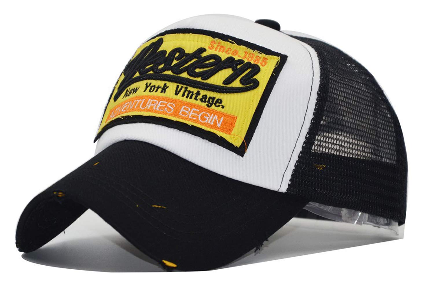 Anikigu Unisex Black Baseball Mesh Cap Patch New York Vintage Cotton Snapback Big Distressed Trucker Hat Hip-Pop,