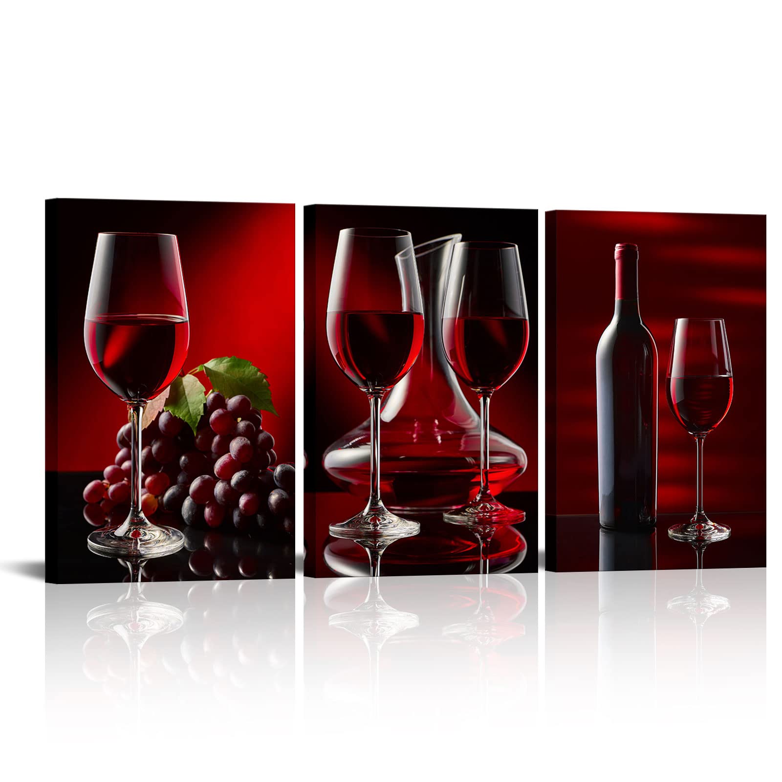 LyerArtork 3 Piece Kitchen Canvas Wall Art Black and Red Wine Painting Framed Artwork Wine Cup Bottle and Grapes Picture Prints for Dining Room Kitchen Restaurant Wall Decor 16x24inchx3panels