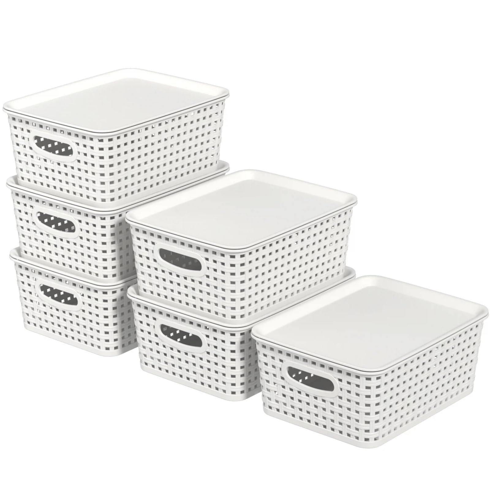 Ziglous 6-Pack Plastic Storage Baskets with Lids, Small Weave Basket Box with Handle for Bathroom, Kitchen, Office, White