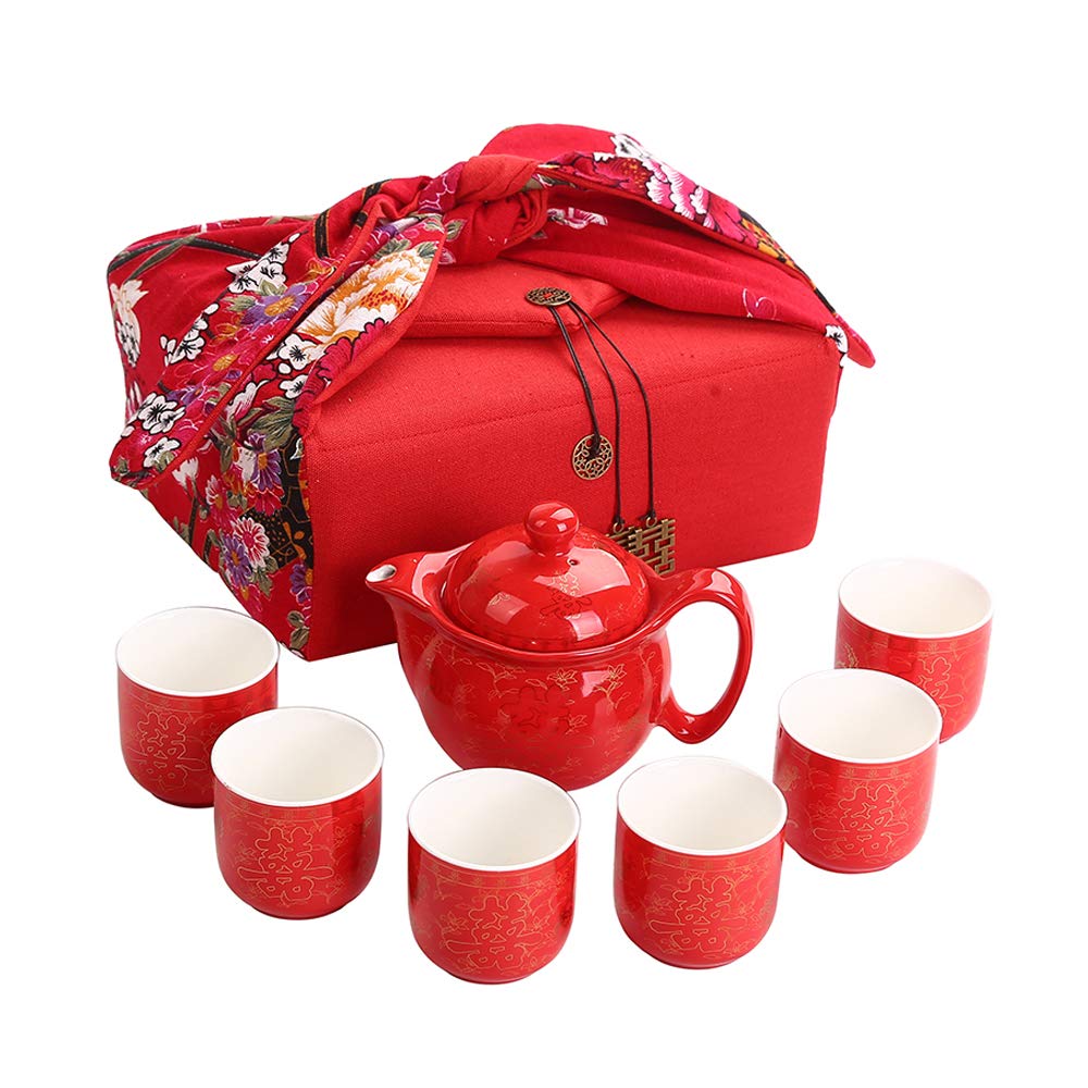 Chinese Traditional Wedding Decoration Supplies Double Happiness Porcelain Tea Set Teapot and Tea Cup 7 Pcs, Red Wedding Porcelain Tea Set, Double Happiness Tea Service Set for Adults