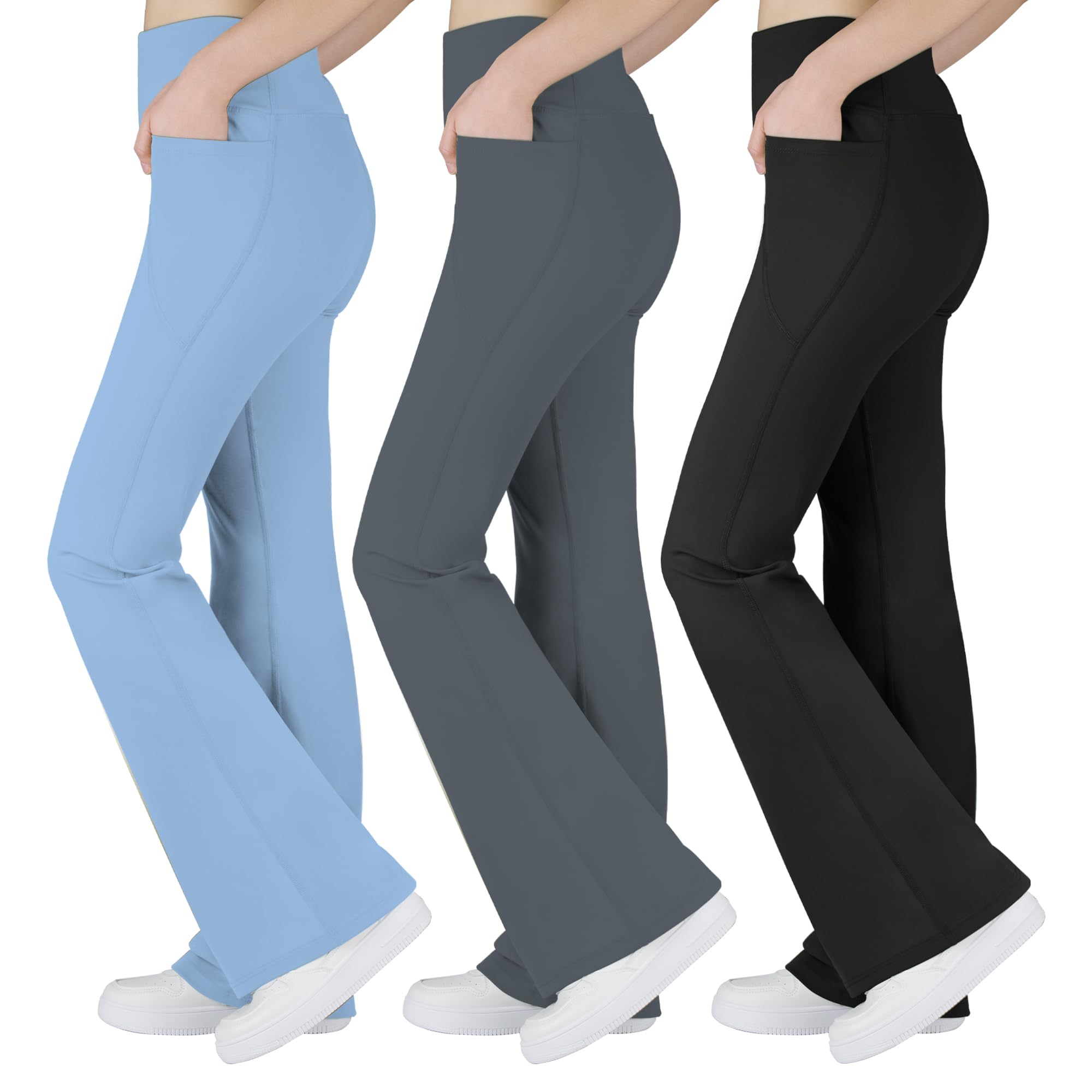 BIG ELEPHANT Mallas Acampanadas para Niña con Bolsillos, Pantalones de Yoga Bootcut de Cintura Alta para Niñas