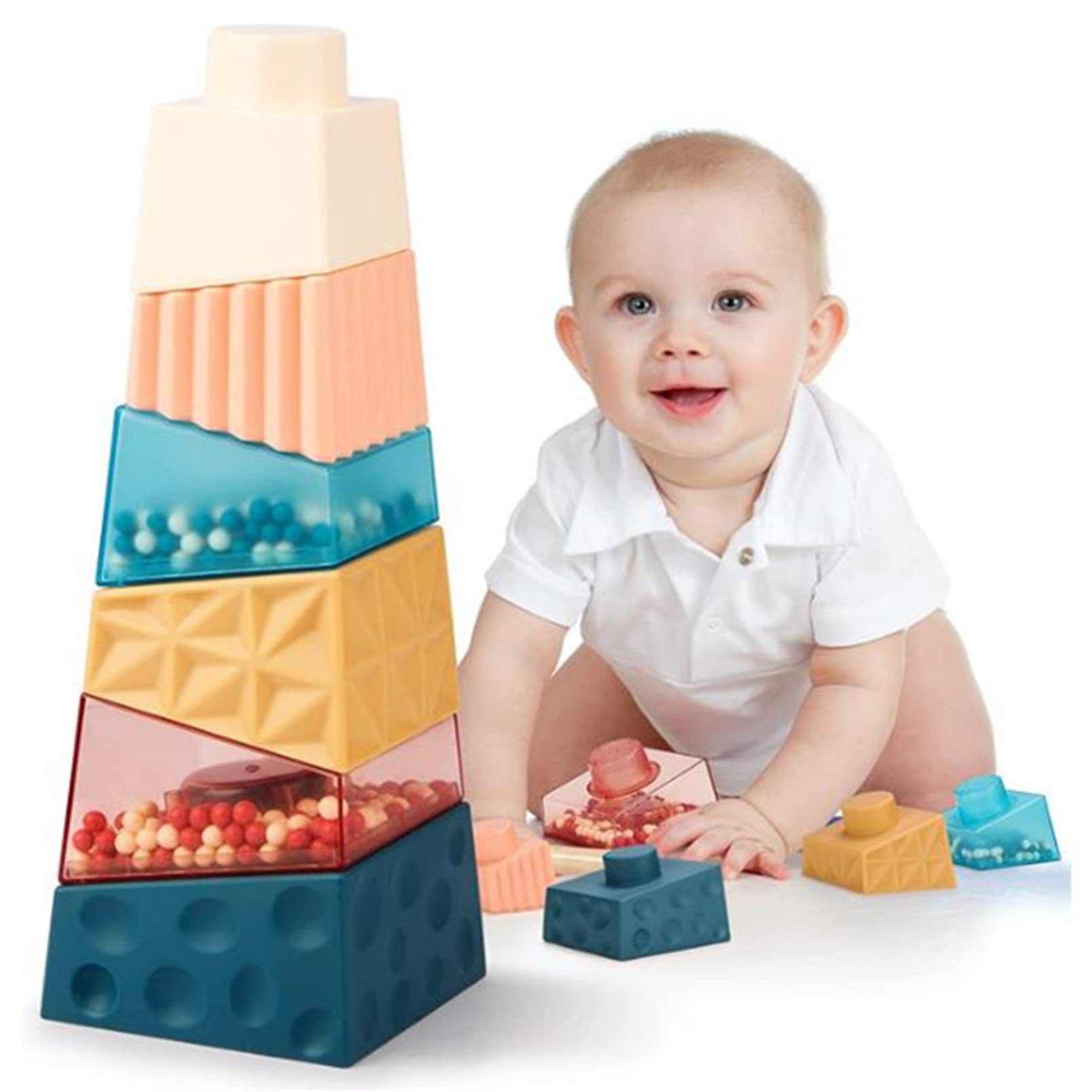 AM ANNA Baby Stacking Toys, Sensory Stacking Building Blocks Learning Educational Irregular Square Toy,Building Toy Texture Blocks, Early Matching Educational Montessori Toys for Preschool Toddler