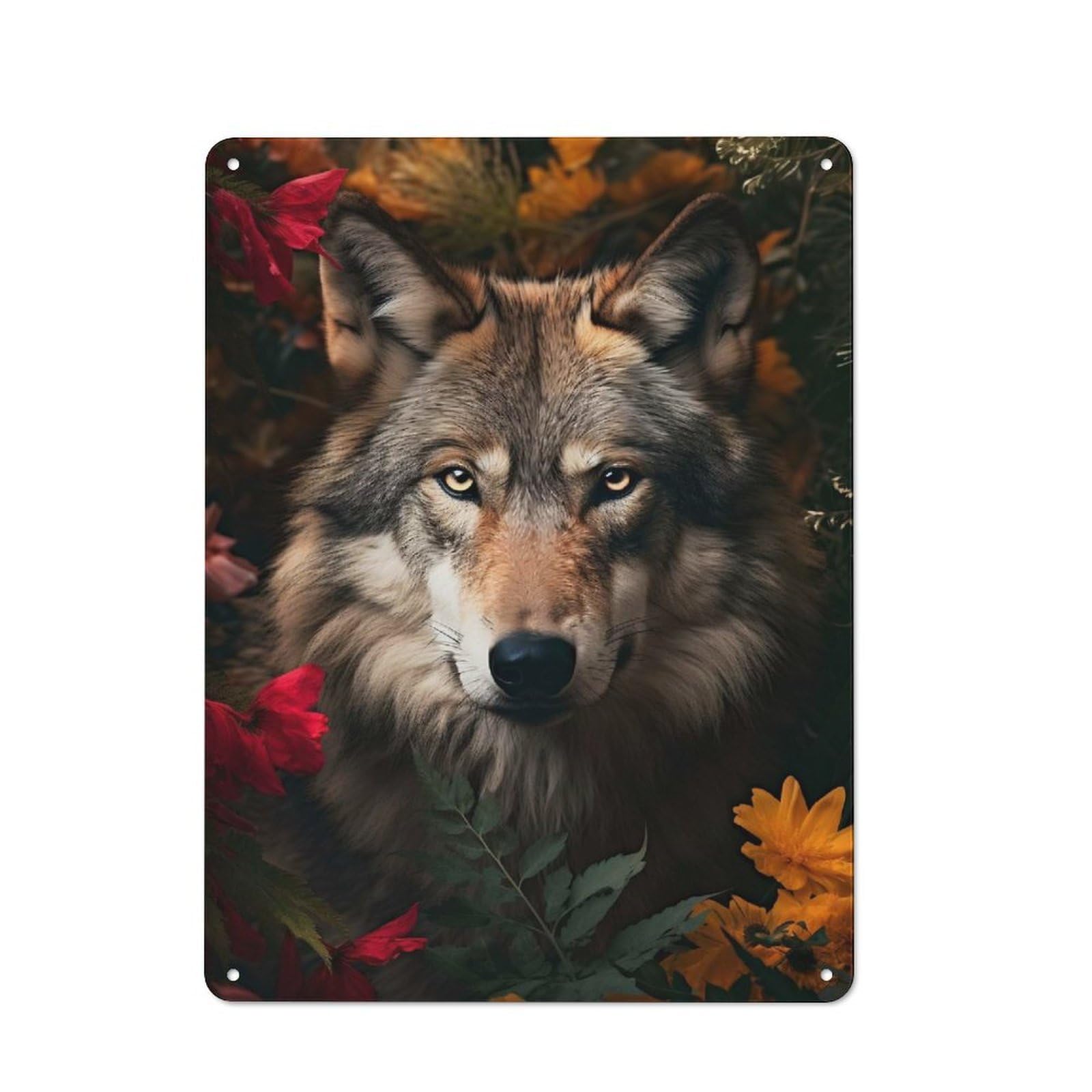 Junmoney Style-17 Wolf Flowers 4 Vintage Tin Sign 40X30cm, Vintage Diner Style Decor For Kitchen, Cafe, Pantry Or Dining Room