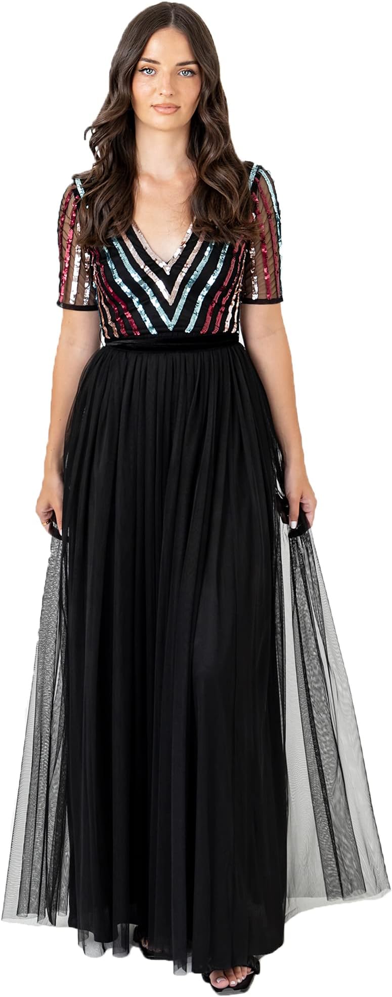 Women's Maxi Dress Ladies Ball Gown for Wedding Guest Long V Neck Empire Waist Short Sleeve Prom Mesh Black Formal