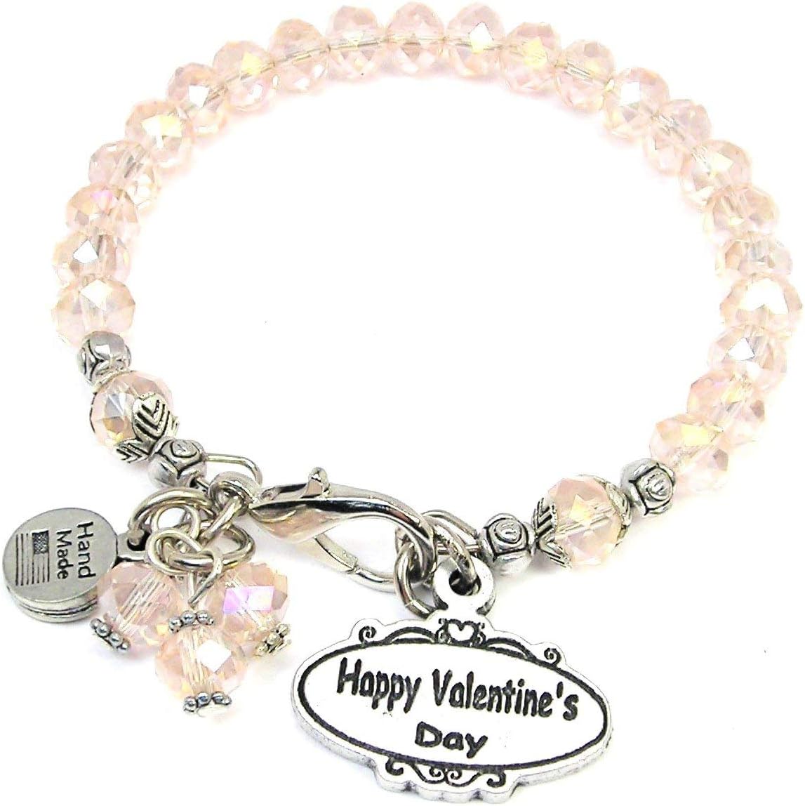 ChubbyChicoCharms Happy Valentine's Day Beautiful Oval Charm Splash of Color Crystal Bracelet. Delicate Light Rose Pink Crystals with Iridescent Colors.