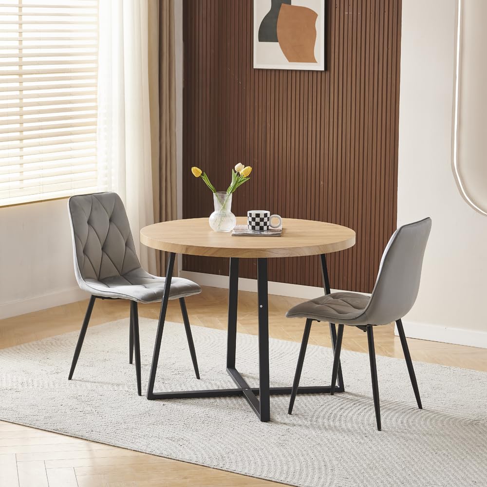 Menaka Round Dining Table and Grey Velvet Chairs Set of 2 for Small Space,3 Pieces Oak Wood Kitchen Table with 2 Chairs for Compact Dinette Restaurant โ image 1