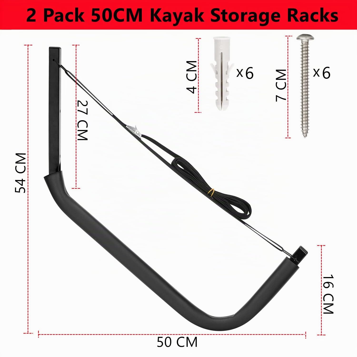 Kajak-Aufbewahrungsregale, 4 Stück, freistehende Kanus, Garagenhaken, 50 cm Wandhalterung, Surfbrett-Aufhänger und Stand-Up-Paddle-Board-Halter, jeder Aufhänger Tragkraft 68 kg (54 x 50 cm)