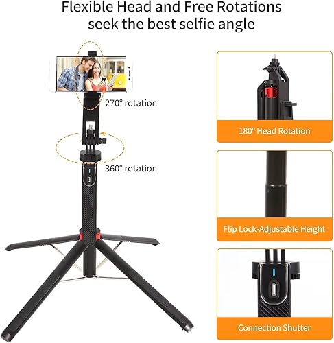 Miniatura 4 de Trípode para selfie stick de 71 pulgadas con control remoto, cuádripod mejorado para trípode extensible antivibraciones con mango de equilibrio 14
