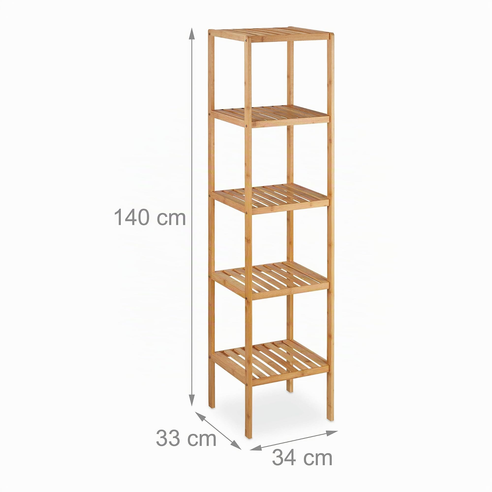 Relaxdays Badregal Bambus, Standregal Badezimmer & Küche, Bambusregal mit 5 offenen Ablagen, HBT 140 x 34 x 33 cm, Natur, Braun, Ablageflächen