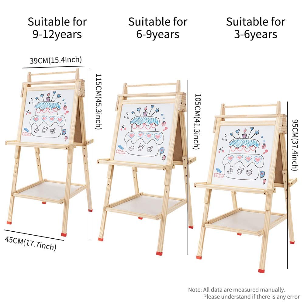 Kinder Staffelei 3 in 1 mit Papierrolle Doppelseitige Whiteboard und Tafel Kinder Spiel-tafel Holz Höhenverstellbar Standtafel 95-115CM Kindertafel mit Ablagefach Buchstaben Zahlen und Anderes Zubehör