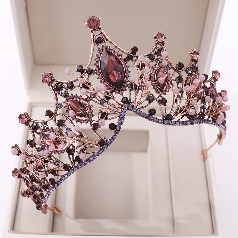 Corona Barocco, Tiara Corona Di Cristallo Con Strass, Diadema Con Strass per Matrimoni, Feste Da Ballo, Concorsi Bellezza, Feste Compleanno (Antico Rosso Rame Viola)