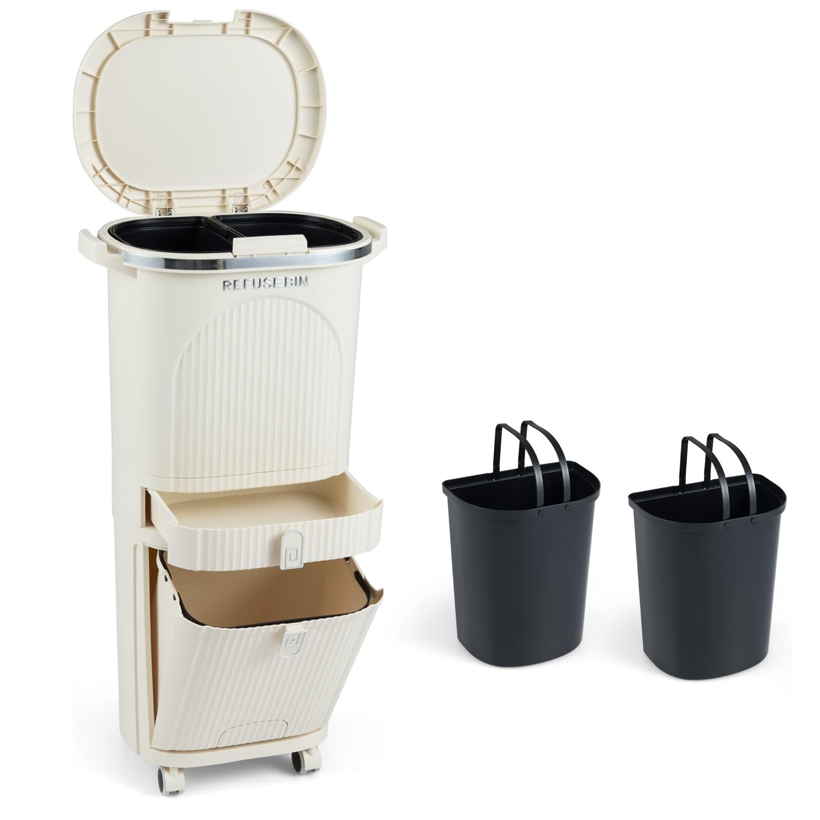 GIANTEX Pattumiera da cucina, 3 scomparti, 42 l, pattumiera con rotelle, pattumiera a pedale con pedale a piedi e maniglia, pattumiera da cucina in plastica, contenitore per rifiuti
