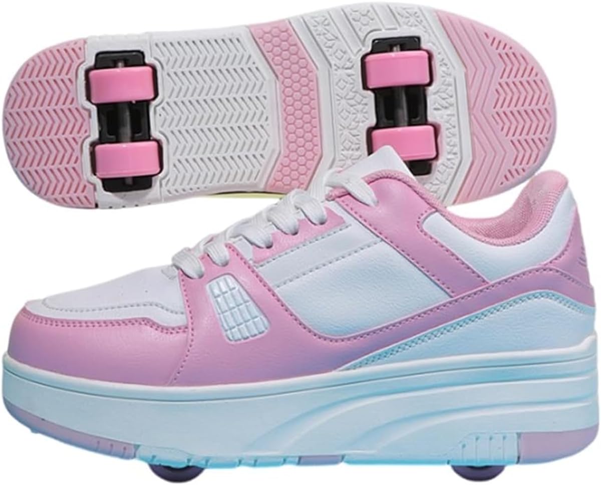 Shoes with Wheels for Boys Girls, Kids Roller Skates Shoes with 4 Wheels Trainers Retractable, 2-in-1 Roller Multifunction Trainers Skateboard Shoes Roller Skate (31EU,Pink)