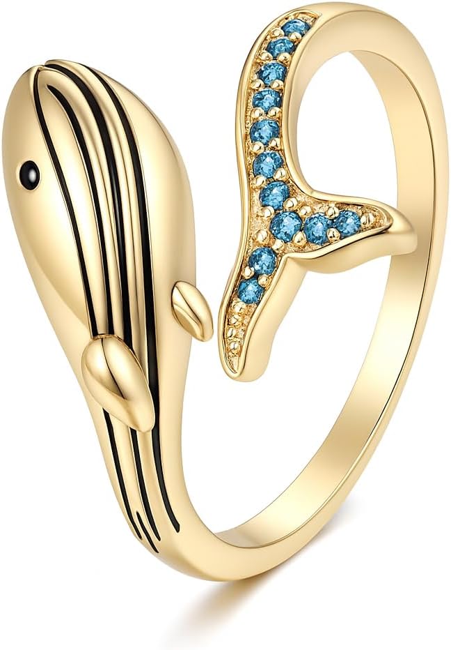 SUPAC Stainless Steel Whale Ring with Blue Crystal Stones, Open Adjustable Band, 1.5cm Size, Marine Animal Design