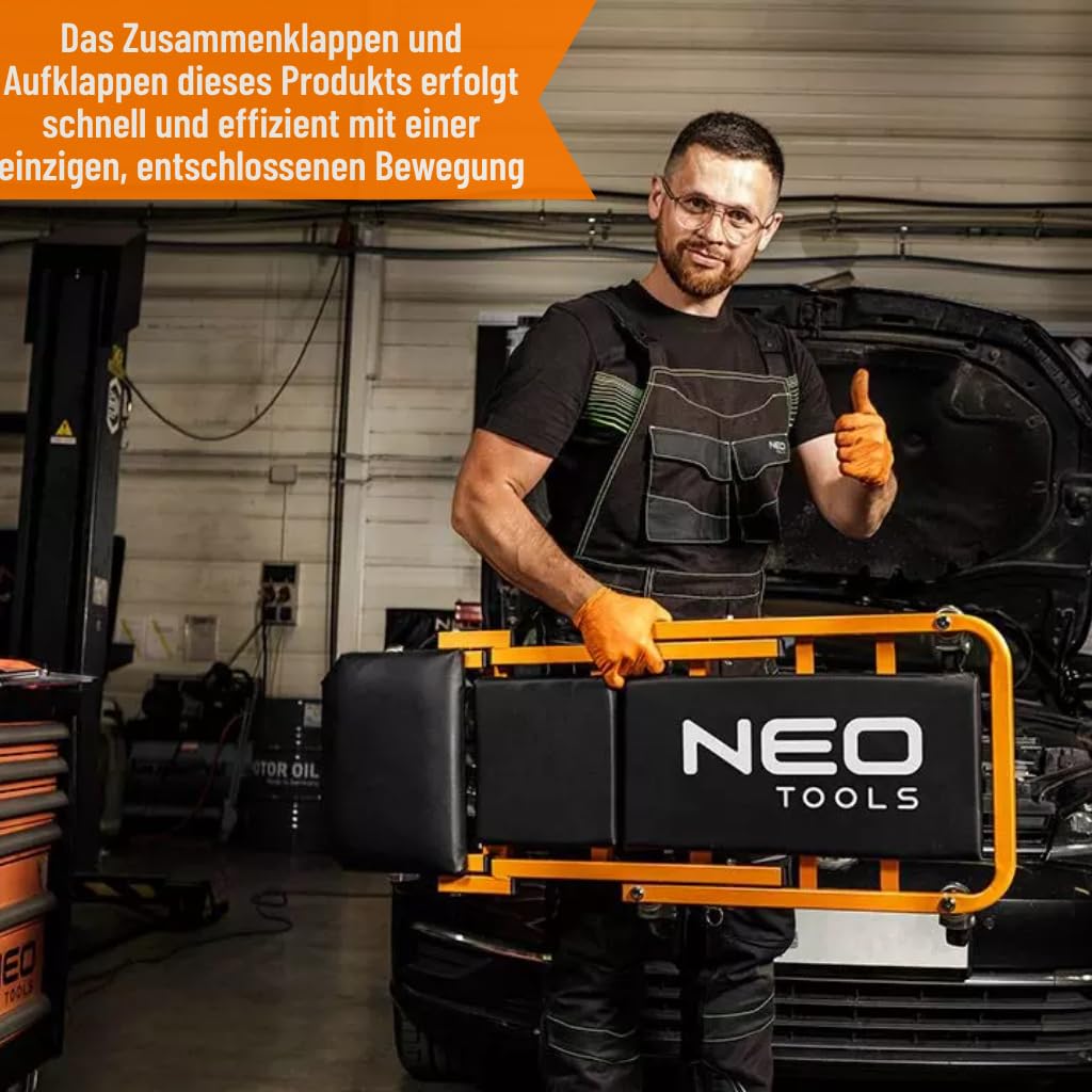 NEO TOOLS 2w1 leżanka warsztatowa na kółkach do samochodów warsztatowych, taboret montażowy, leżanka montażowa do 150 kg, wózek warsztatowy na kółkach | siedzisko obrotowe | funkcja siedzenia i