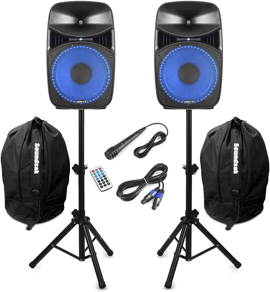 VONYX VPS152A 15Inch Active DJ Speakers Pair with Stands & Bags Powered Speakers for Complete