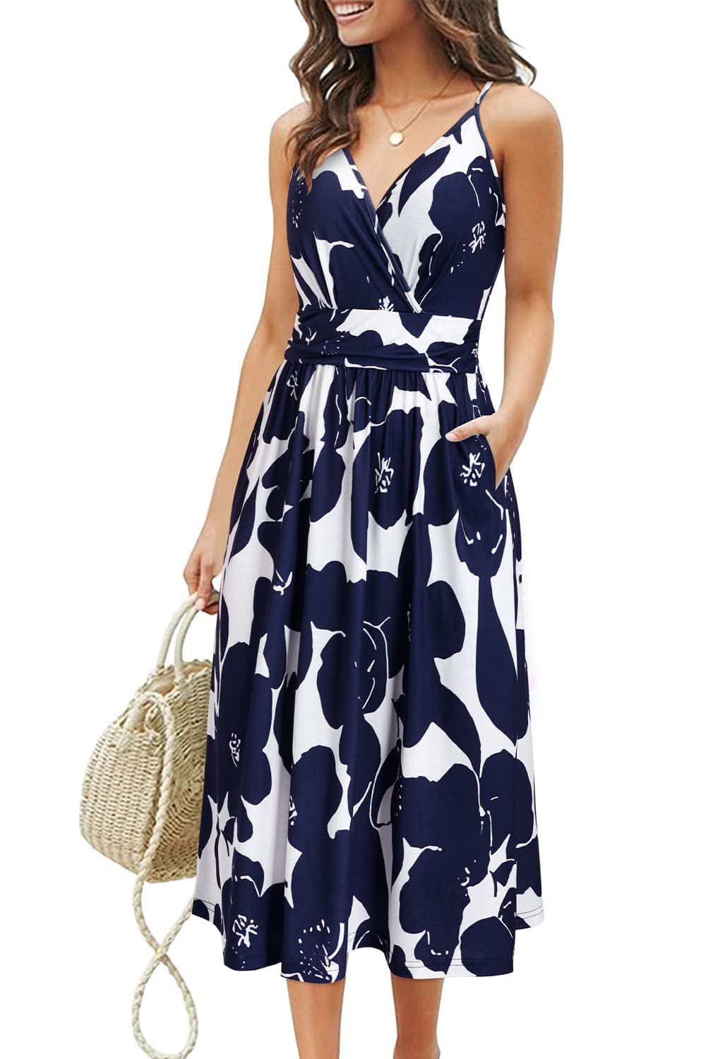 OUGES Women's Summer Spaghetti Strap V-Neck Floral Short Party Dress with Pockets