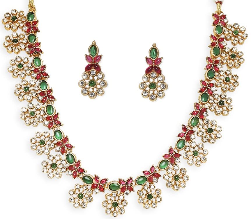OOMPH Jewellery Antique Gold Tone Red & Green Stone Ethnic Temple Jewellery Necklace Set with Drop Earrings For Women & Girls Stylish Latest (NERU17_AMR1) (B0BVG15HQS) Amazon Price History, Amazon Price Tracker