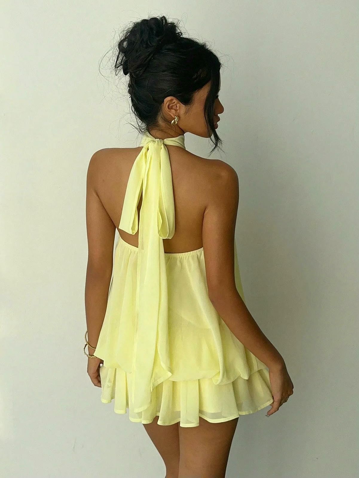 Abito Donna Mini Senza Maniche in Chiffon da Donna, Elegante Estivo Fluido A Strati con Collo Alto per Feste E Vacanze-Marrone-l