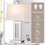 Cinkeda Table Lamp Set of 2 with USB C+A Ports & AC Outlet, Bedside Lamps, Modern Bedroom Lamps, Silver Lamps for Night Stands Bedroom Living Room,Nightstand Lamp