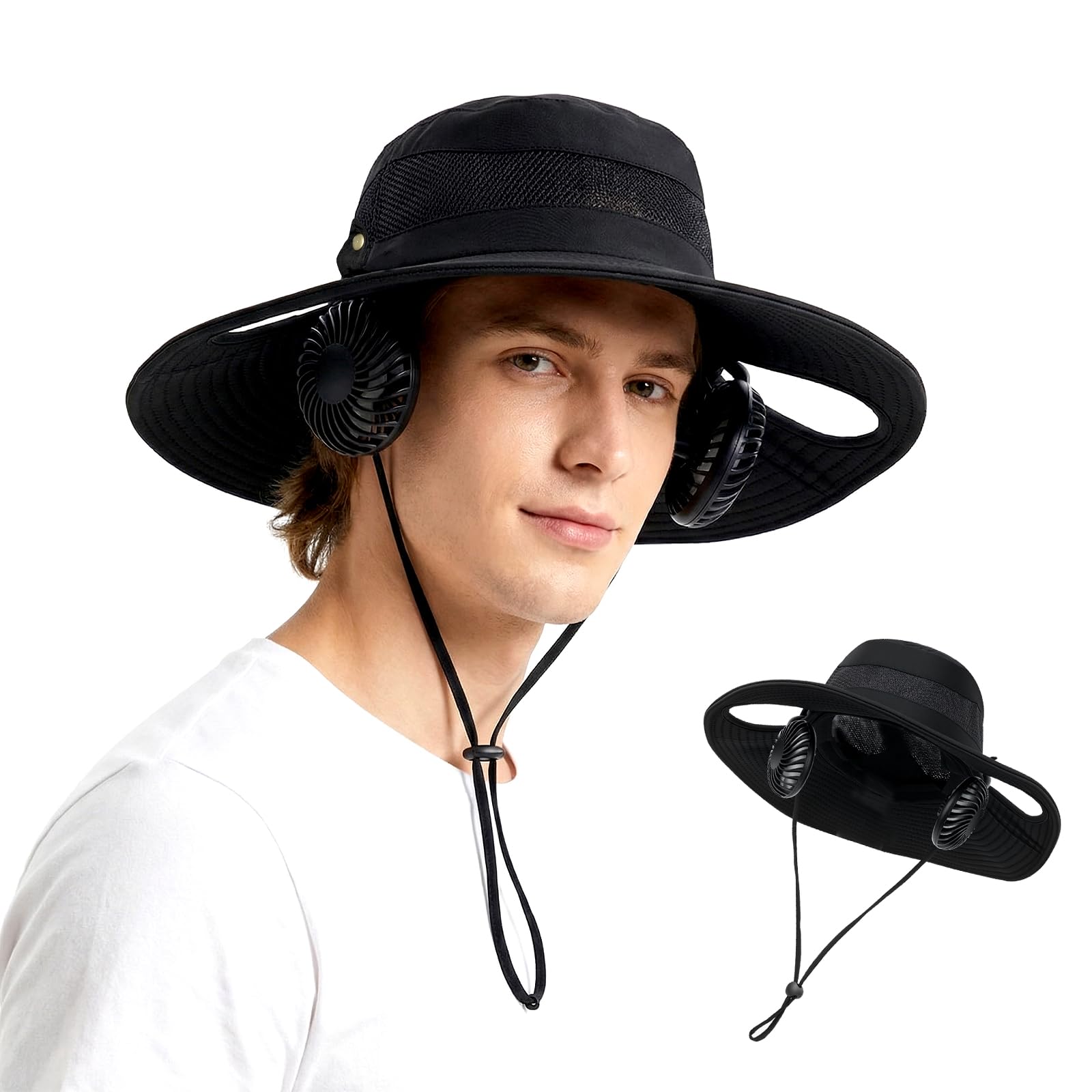 2-in-1 Cooling Fishing Hat with Detachable Neck Fan, 4.72 Inch Wide Brim 98% UV Protection, 3 Speed 2000mAh Rechargeable Fan Hat, Waterproof Breathable Sun Hat for Men Women Hiking Camping Beach