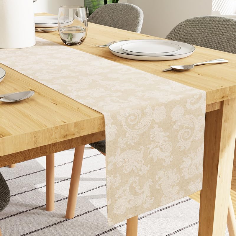 Sponsored Ad - Encasa XO Dining Table Runner for 4 Seater I Size 32x150 cm | Floral Beige Jacquard Style Print on Homespun Cotton | Fast Colours, Machine Washable
