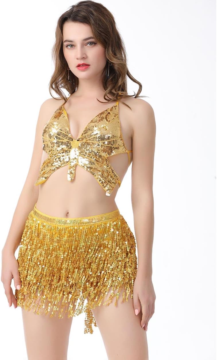 Sparkling Tassel Belly Dance Sequin Skirt with Shoulder Straps Wrapped Around Carnival Music Festival Women's Clothing