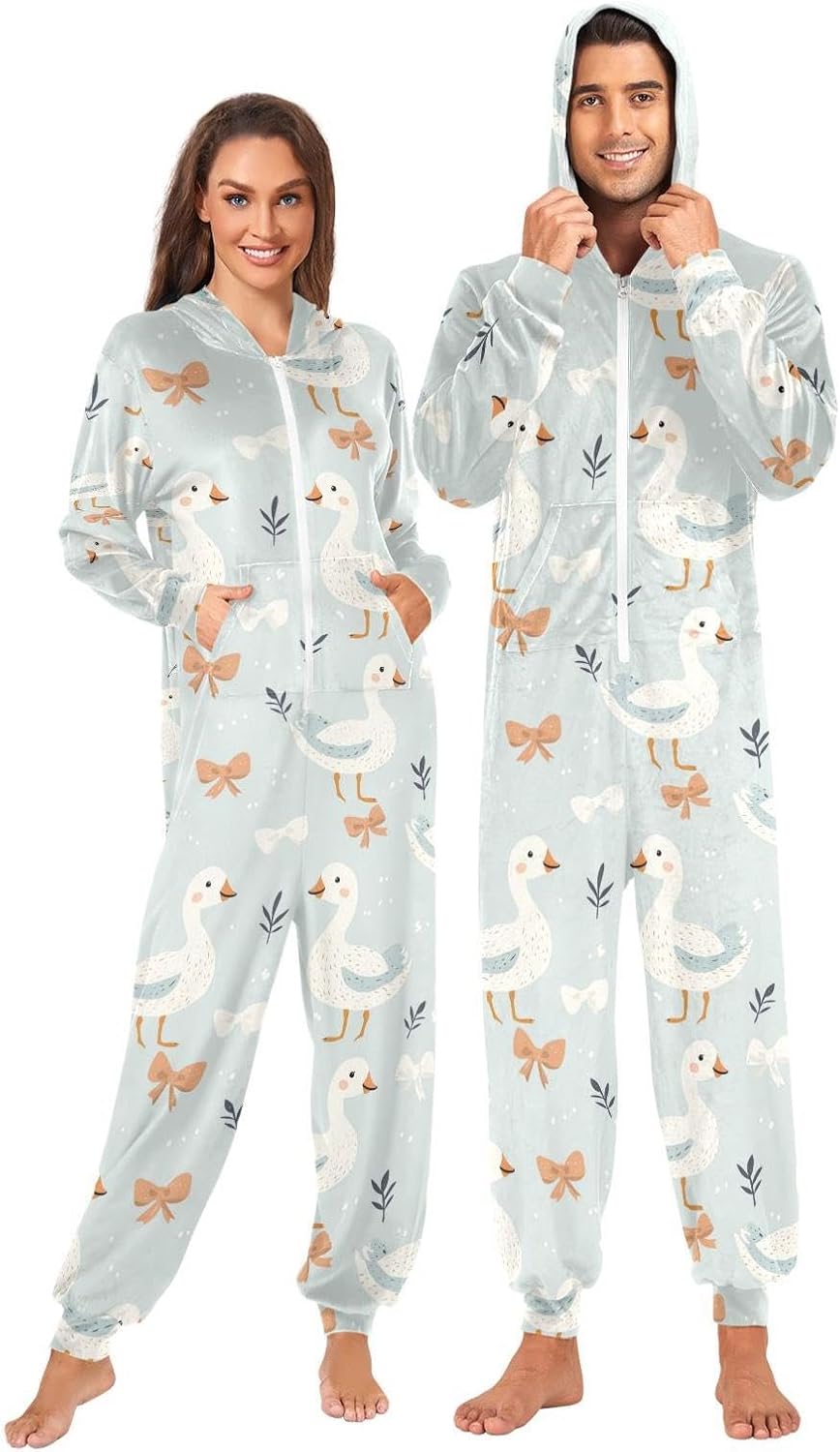 ZZKKO Farm Goose Bow Adult Onesie Pajamas for Women Men Cozy One Piece Pajamas Costume Zip-Up Hooded S-XL