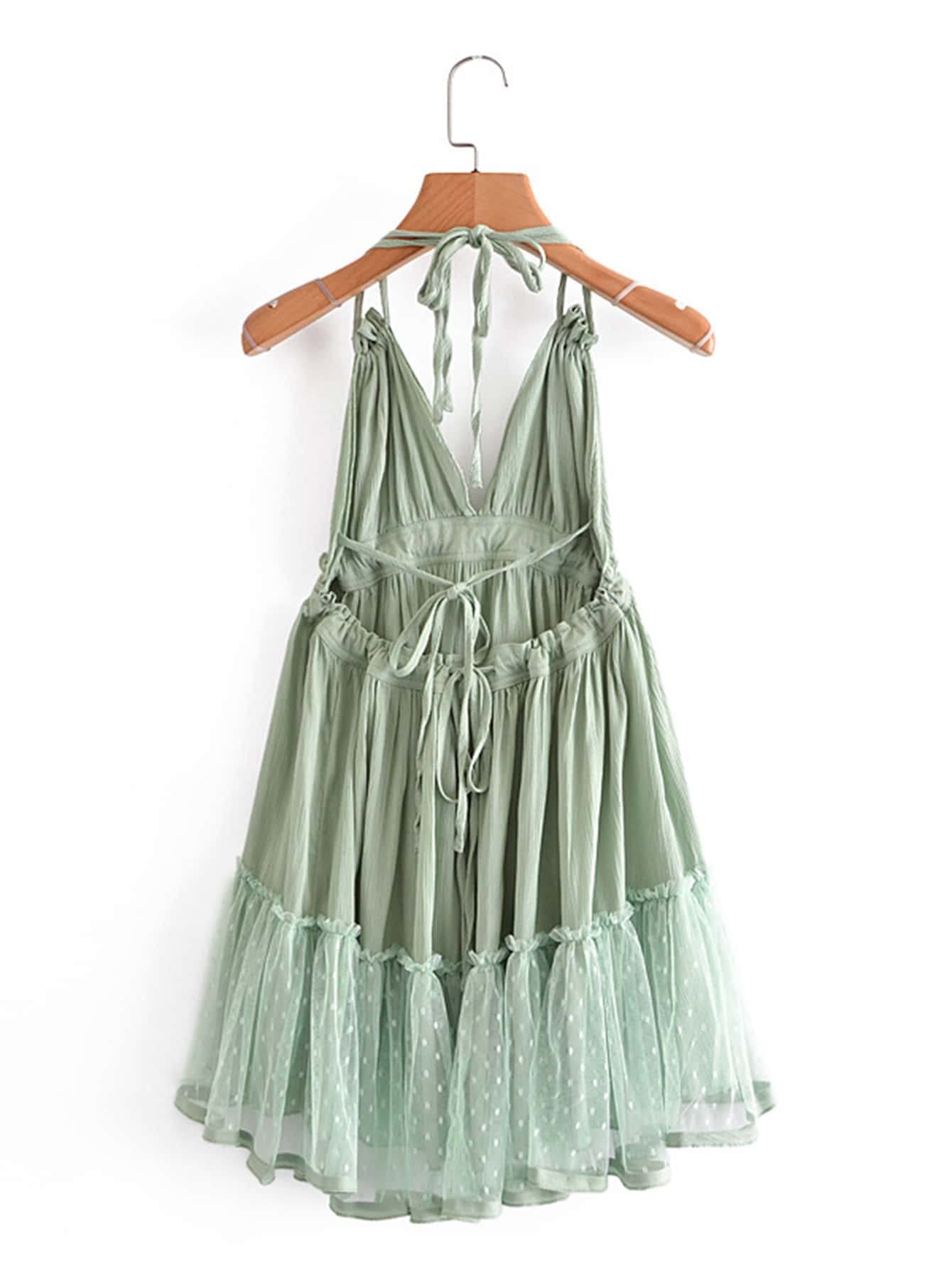 dobby mesh self tie ruffled halter dress YANRU women's tropical dresses Dobby Mesh Self-Tie Ruffled Halter Dress  (Color : Mint Green, Size : M) : Buy Online at Best Price in KSA