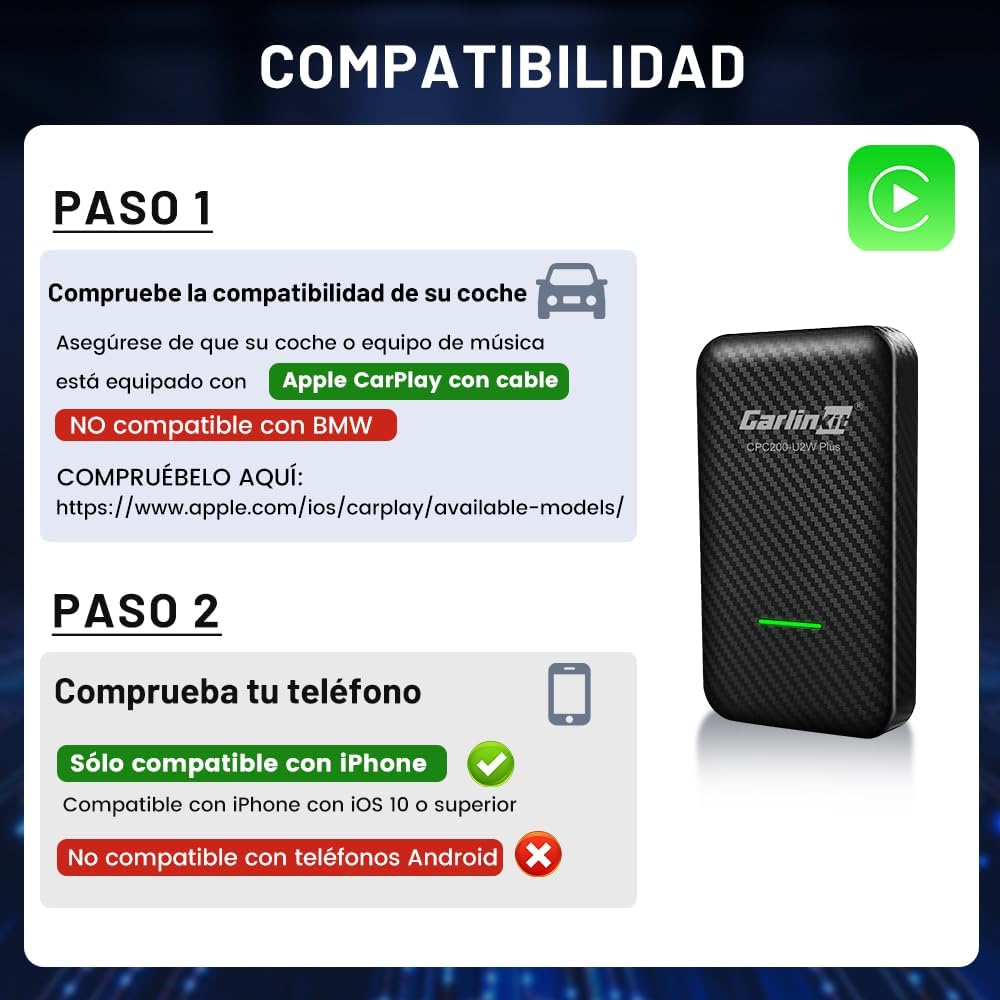 Carlinkit 3.0 inalámbrico CarPlay Adaptador Compatible con Audi/Porsche/Volvo/Mercedes/VW/KIA/Hyundai, configuración de Dos Cables 3