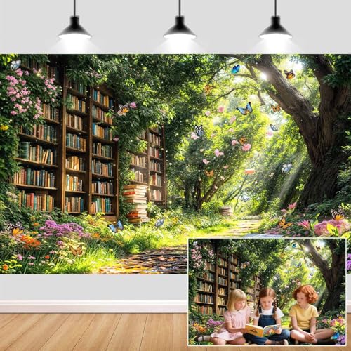 7X5ft Enchanted Forest Fairy Library Backdrop Fairy Tale Magic Bookshelf Garden Floral Butterfly Photography Background Kids Girls Birthday Party Decorations Baby Shower Banner Photo Props