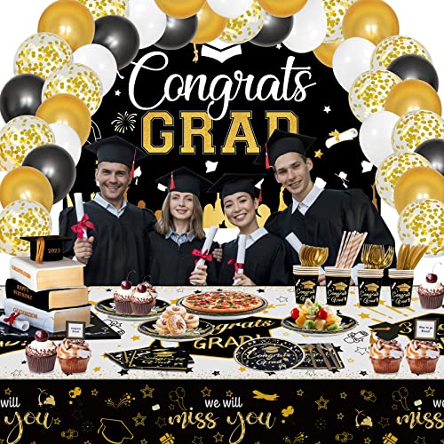 Graduation Decorations Class Of 2023 - 277Pcs Graduation Party Supplies Disposable Dinnerware(Serve 24) With Plate Cup Napkin Cutlery Tablecloth Backdrop Balloons For High School College Graduation #TOP4