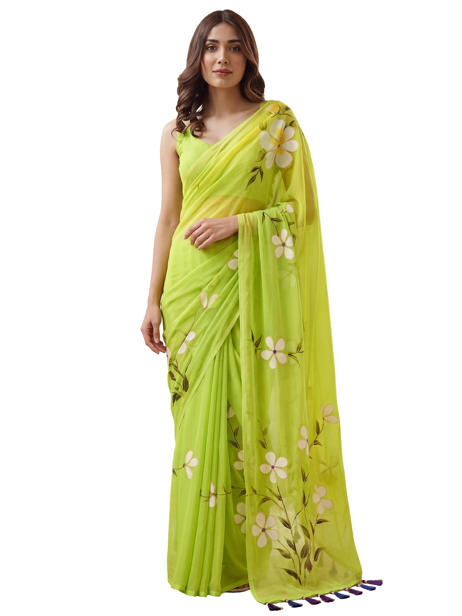 Women's Chiffon Daisy Floral Prints Tassel Pallu Lightweight Summer Saree With Unstitched Blouse Piece |Chiffon Saree For Women-image-13