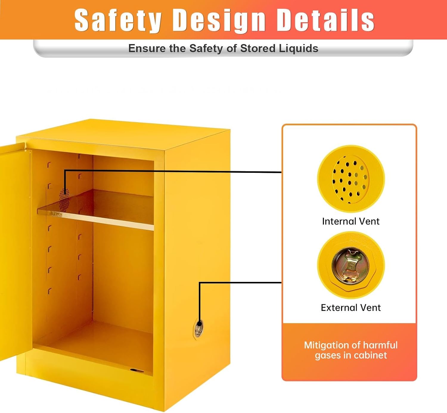 10 Gallon Flammable Storage Cabinet for Hazardous Material, 21" x 21" x 25" Metal Safety Locker Double-Walled Design w/1 Adjustable Shelf, Fireproof Yellow Safety Cabinet for Industrial Home Use