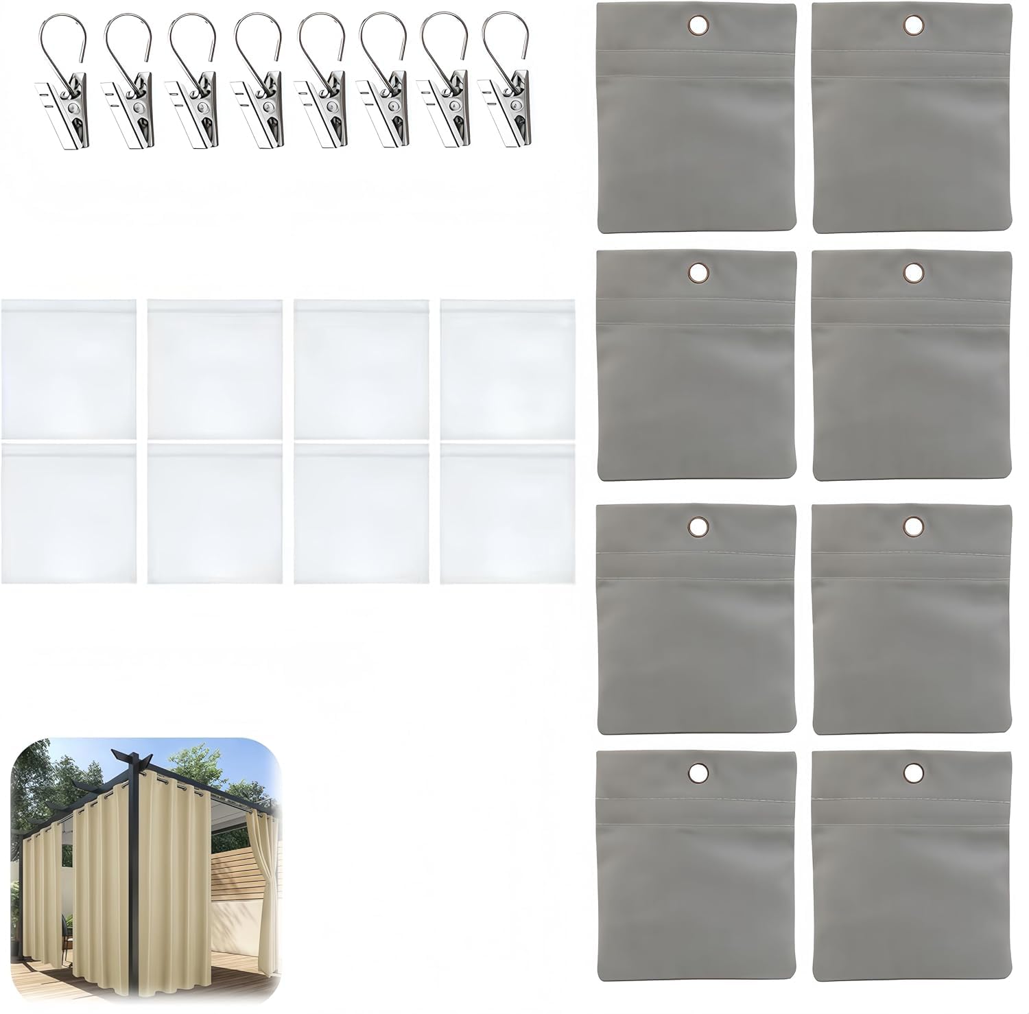 Naisfei 8 Pack Outdoor Curtain Weights Bag, Patio Curtain Sandbag with Sealed Bags and Clips, Reusable,for Home Outdoor Pergola Gazebo Front Porch,etc. (Grey)