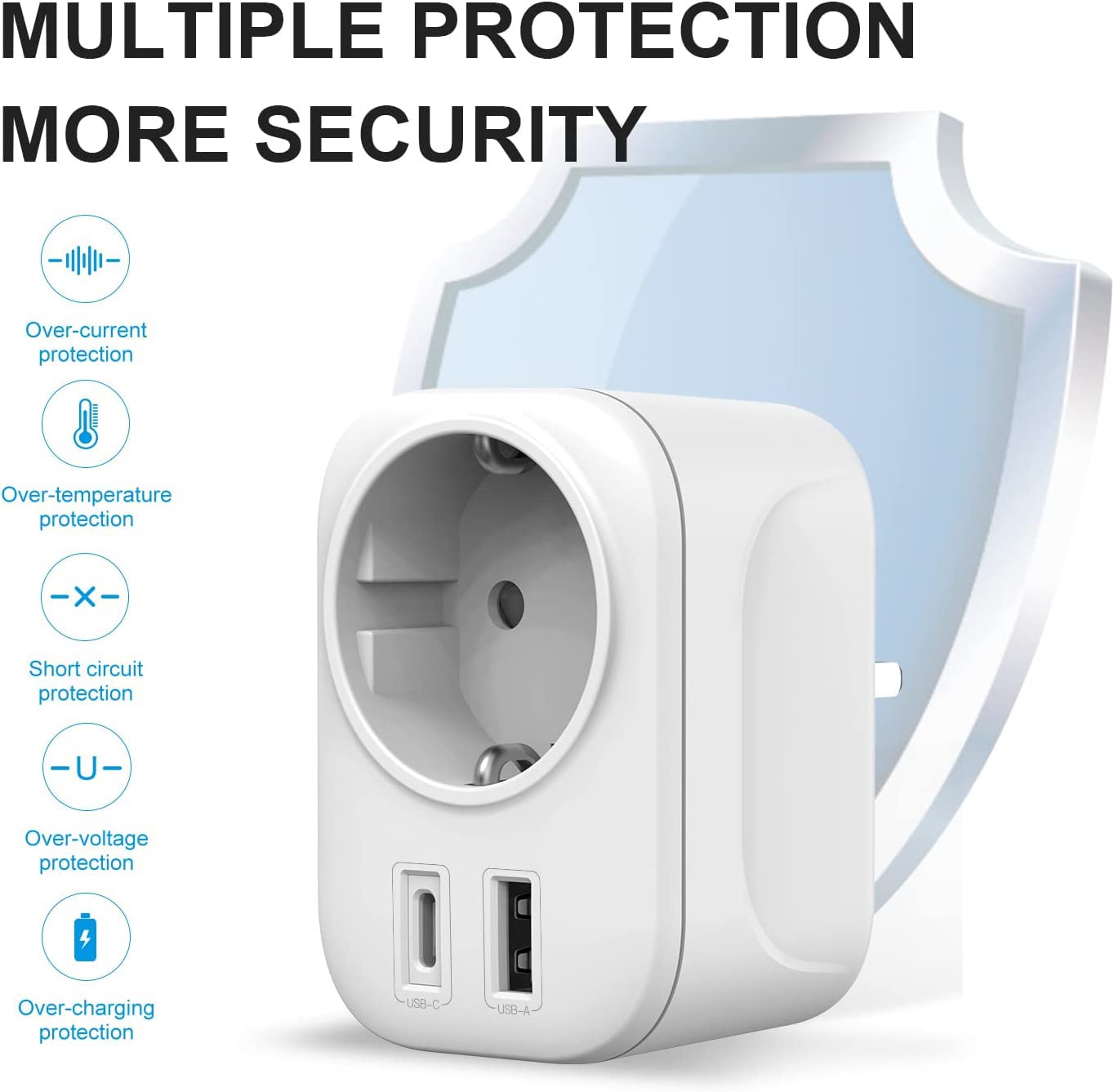 Adapter podróżny G Typu G - Gniazdko UK na DE z USB A i C 2,4 A - Adapter do gniazda wtykowego Anglia, Irlandia, Malta, UK