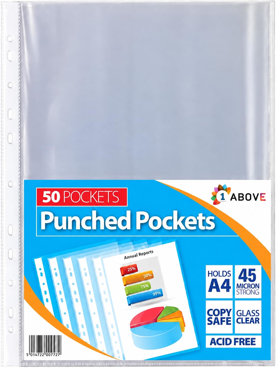 A4 Glass-Clear Punched Pockets, 45 Micron Sheet Protectors, 50 Pack